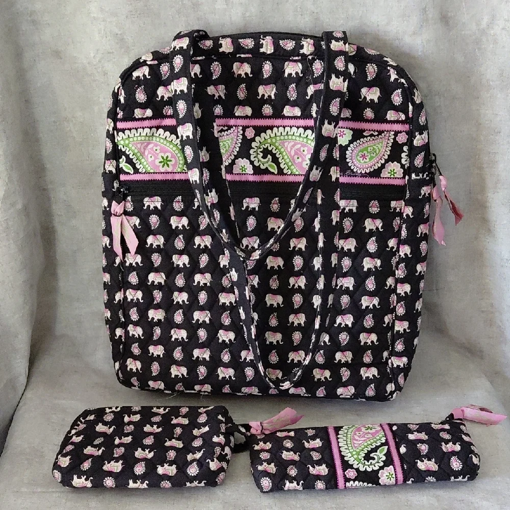 Vera Bradley Black and Pink Elephant Diaper Bag W/Extras